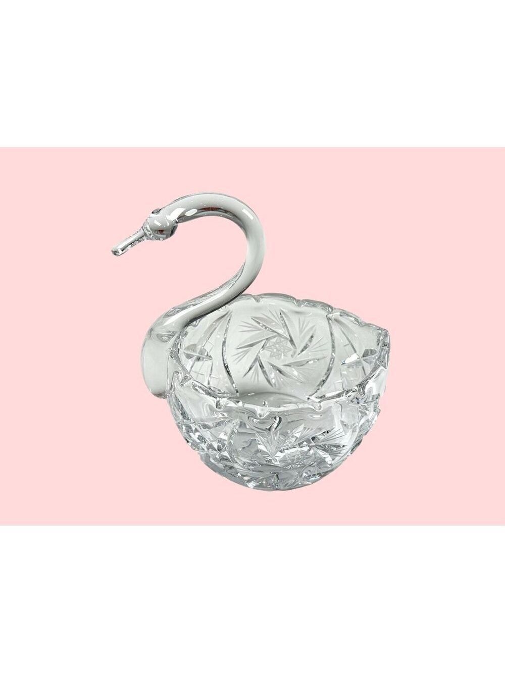 Vintage Czech Cut Crystal Swan Bowl Pinwheel Star Trinket Dish Traditional Decor